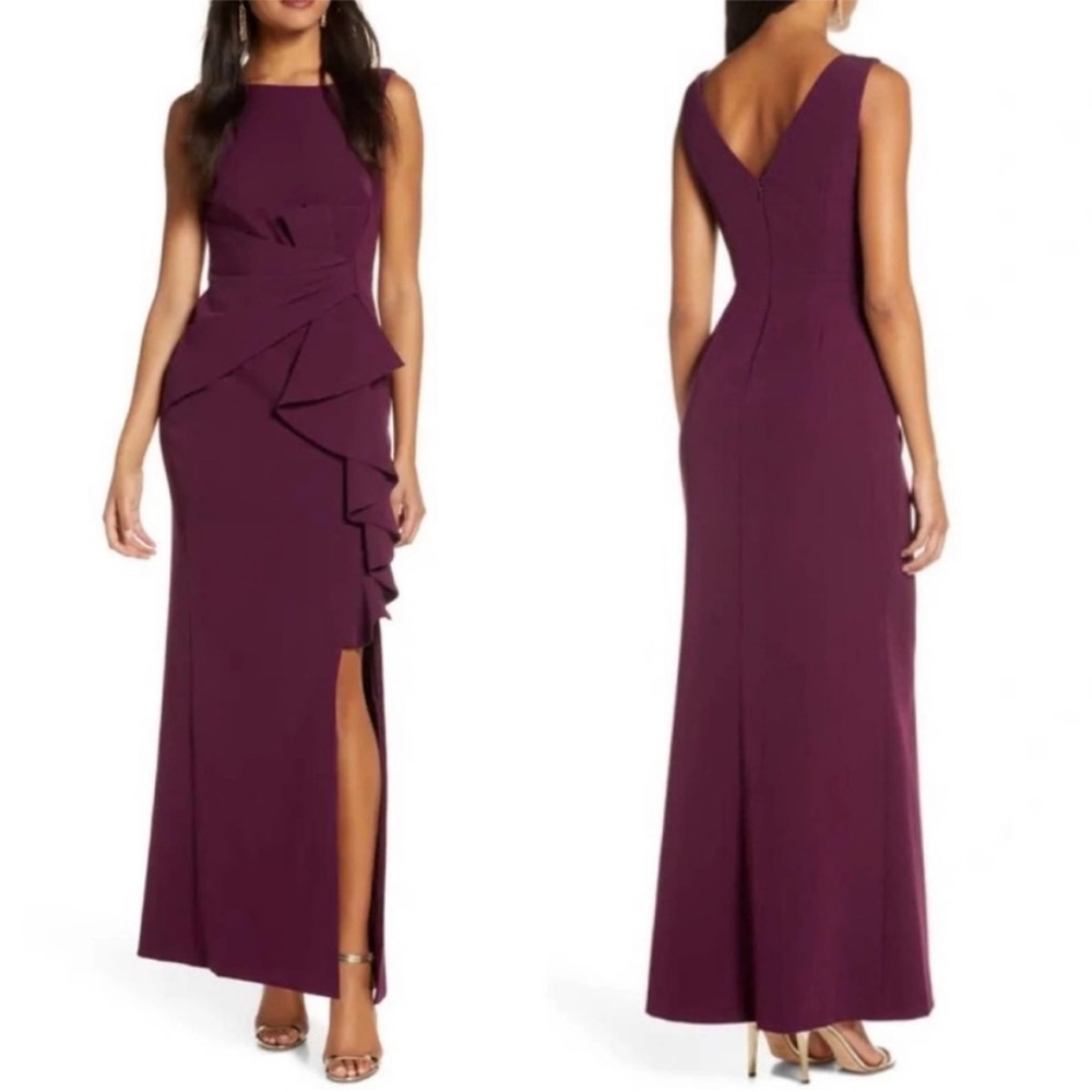 NWOT Eliza J Ruffle Front Sleeveless Maxi Gown Dress in Wine, Size 4